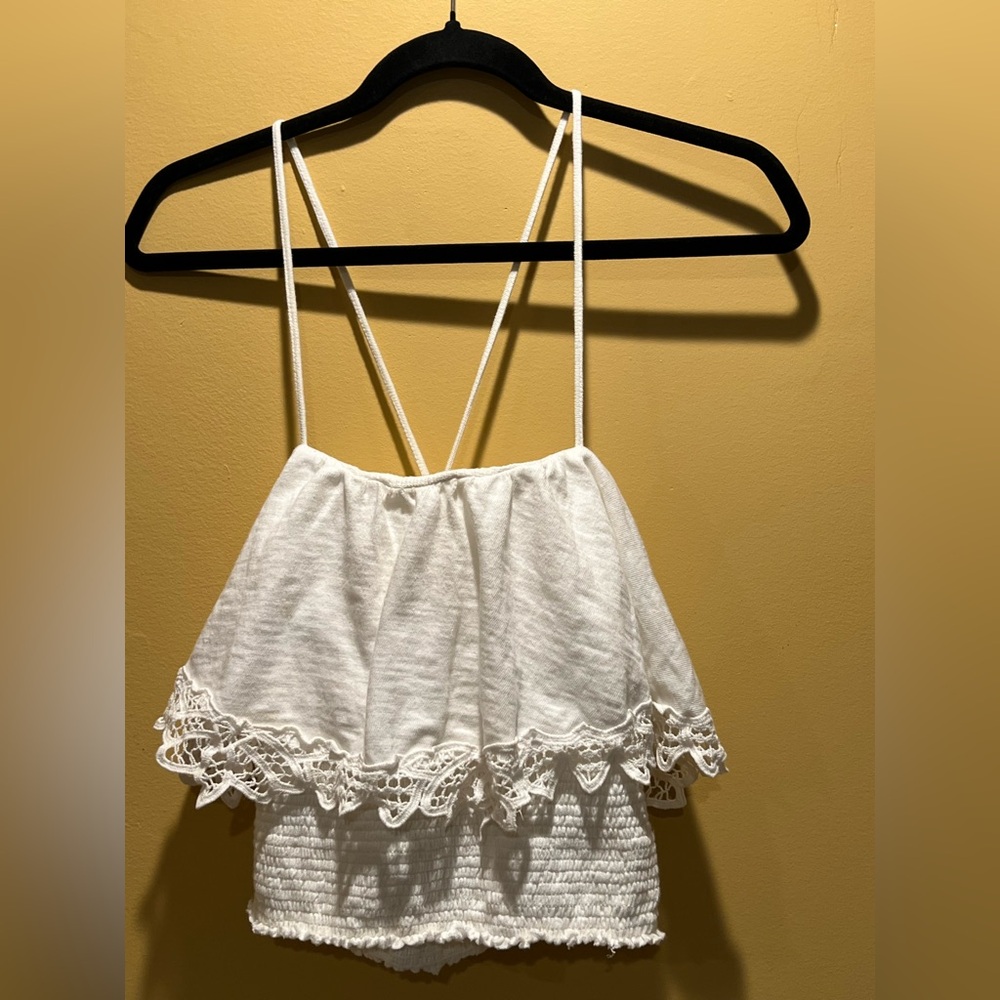 Free People White Ruffled Embroidered Crochet Tank Top Spaghetti Strap Size XS